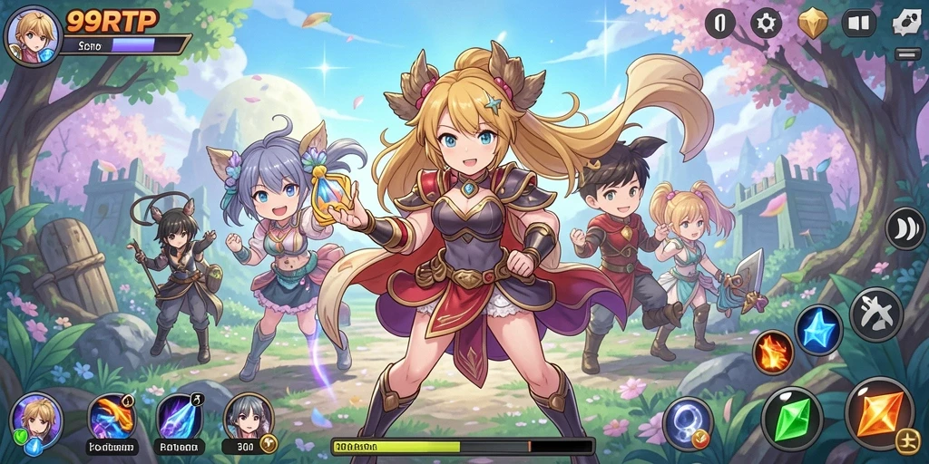 Screenshot gameplay 99RTP menampilkan karakter anime yang beraksi dengan latar belakang yang indah.