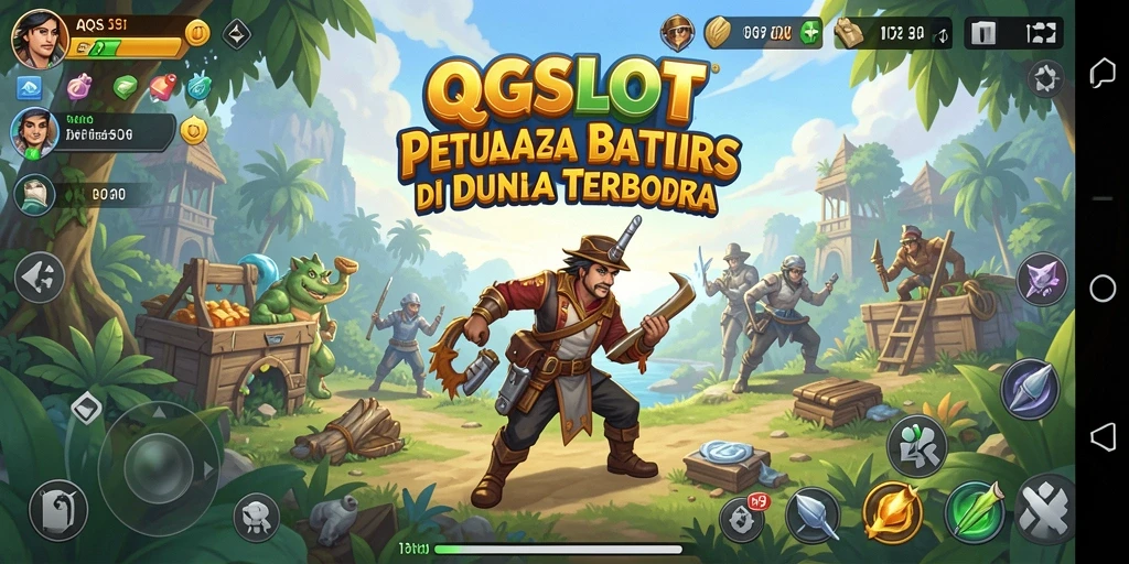 Screenshot permainan QQSLOT menampilkan pemandangan indah dunia terbuka.