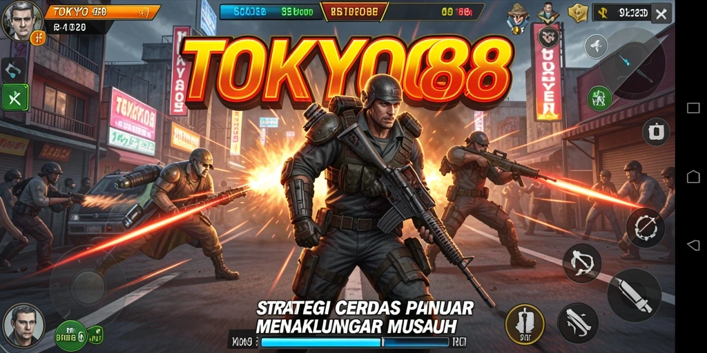 Tangkapan layar gameplay TOKYO88 yang menunjukkan pertempuran strategis.